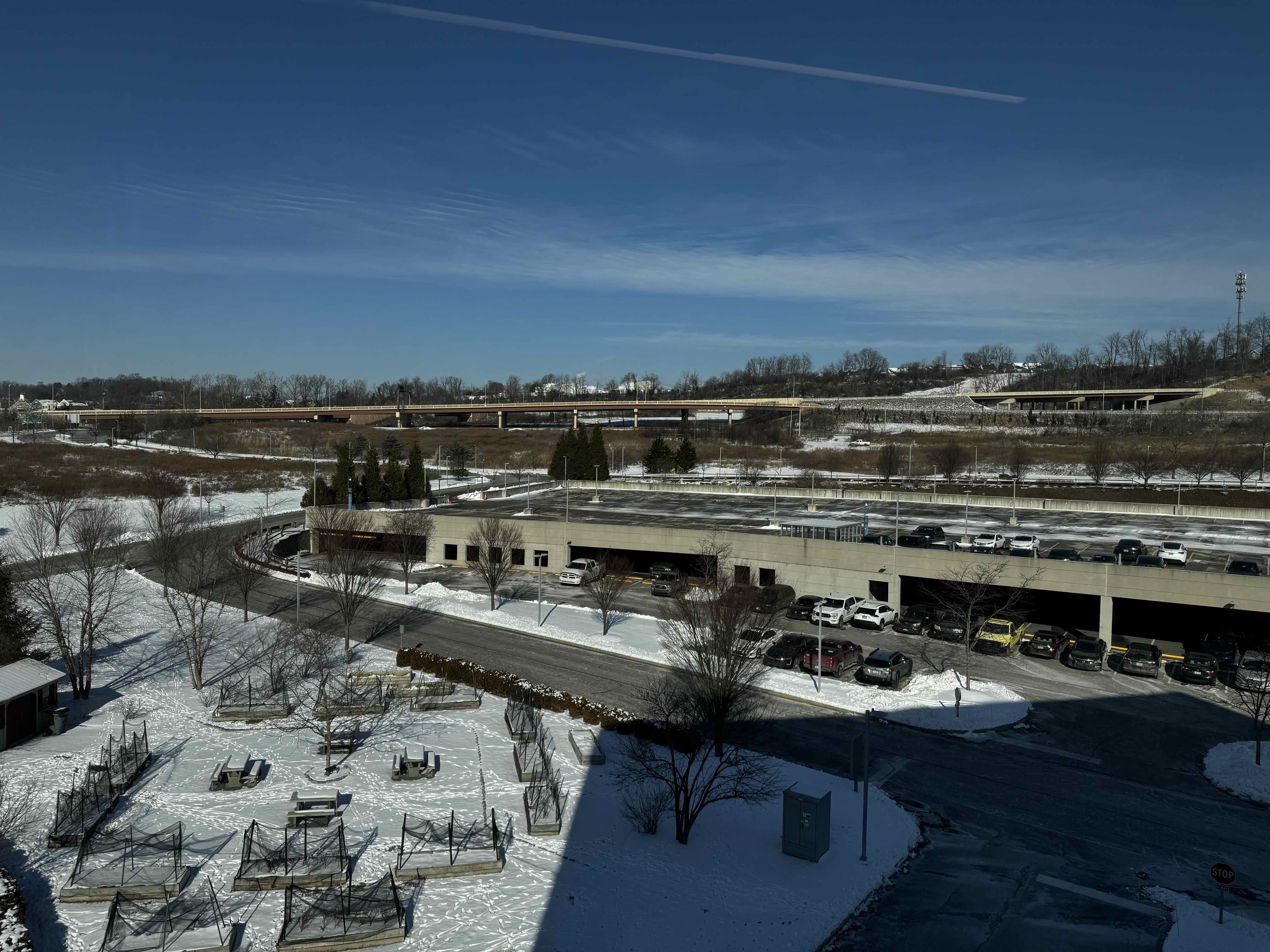 Pennsylvania Turnpike Flyover over a Business Park(ing lot) (Philadelphia Metro Area)